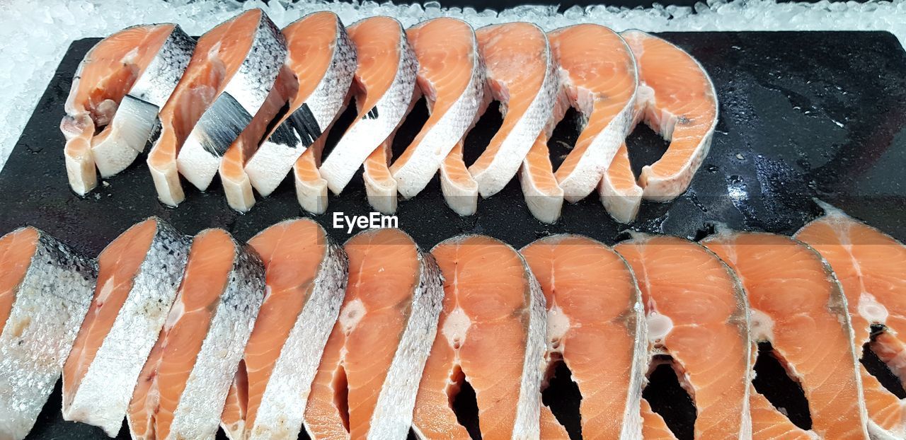 High angle view of  salmon sliced