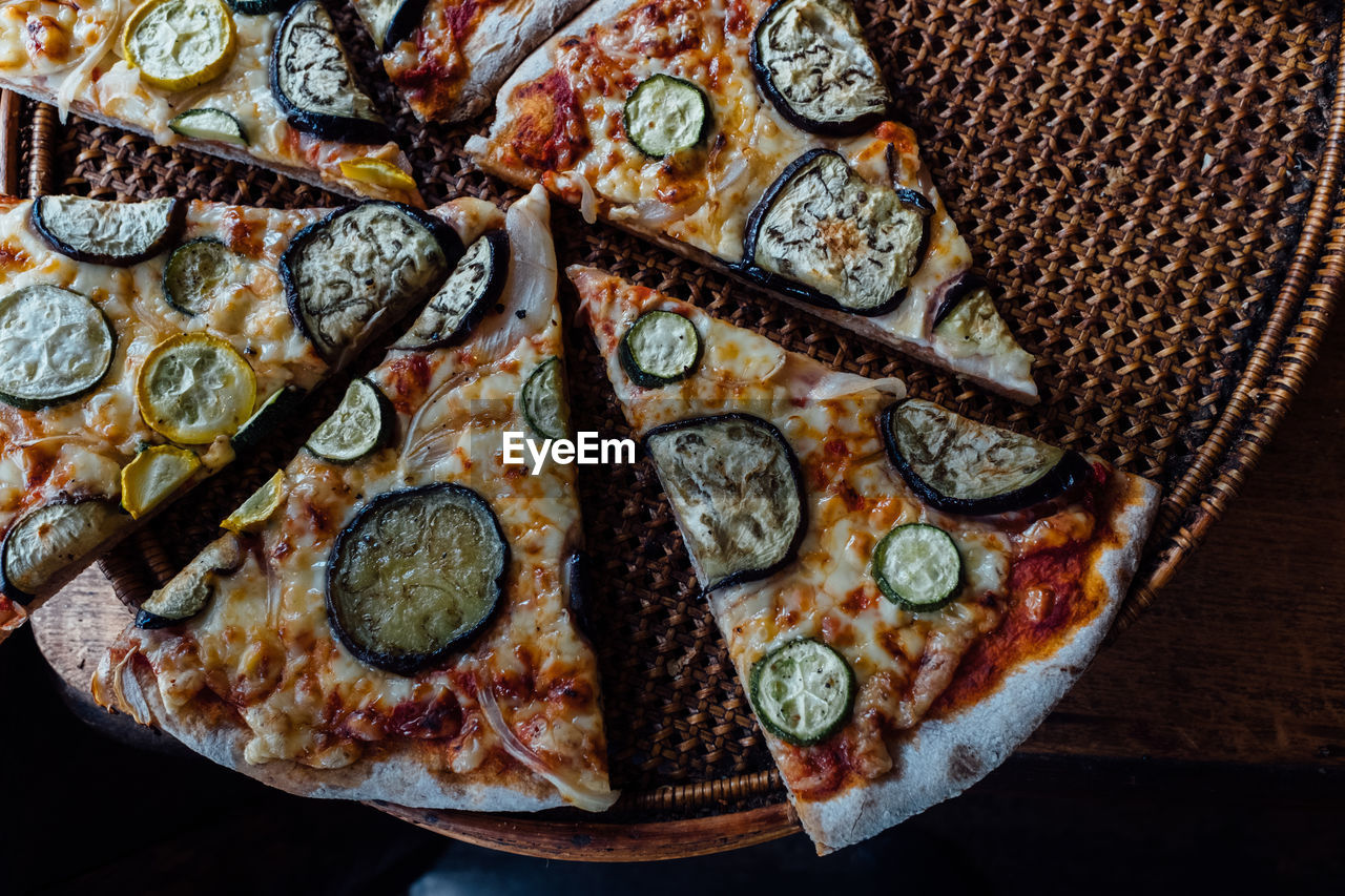 High angle view of pizza on table