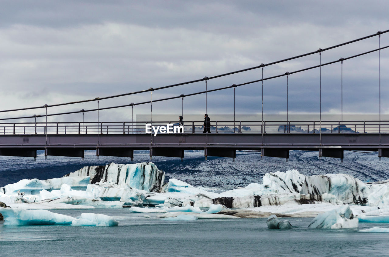 Bridge over frozen lake against sky