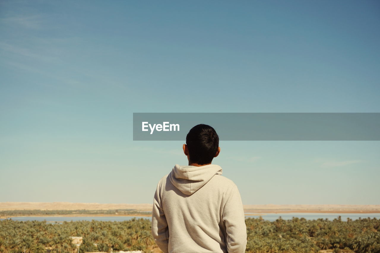 Rear view of man standing against landscape and clear sky