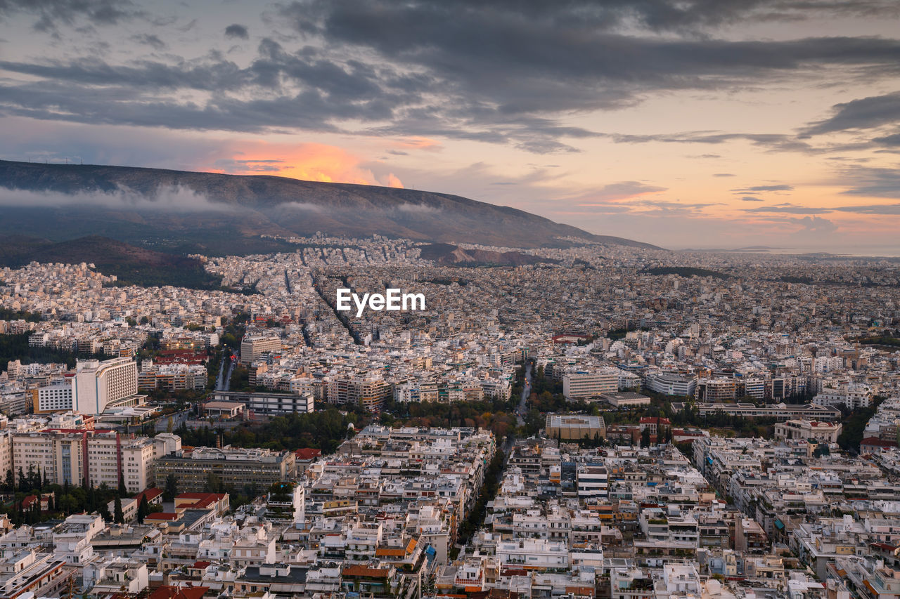 View of city of athens from lycabettus hill at sunset, greece.