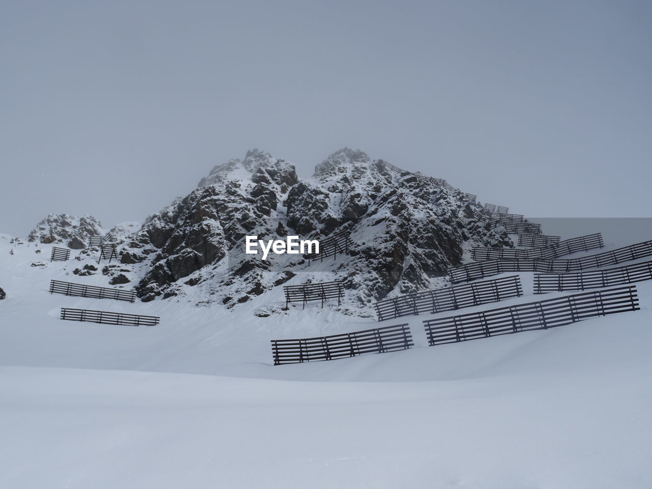 Scenic view of snow covered mountains against clear sky