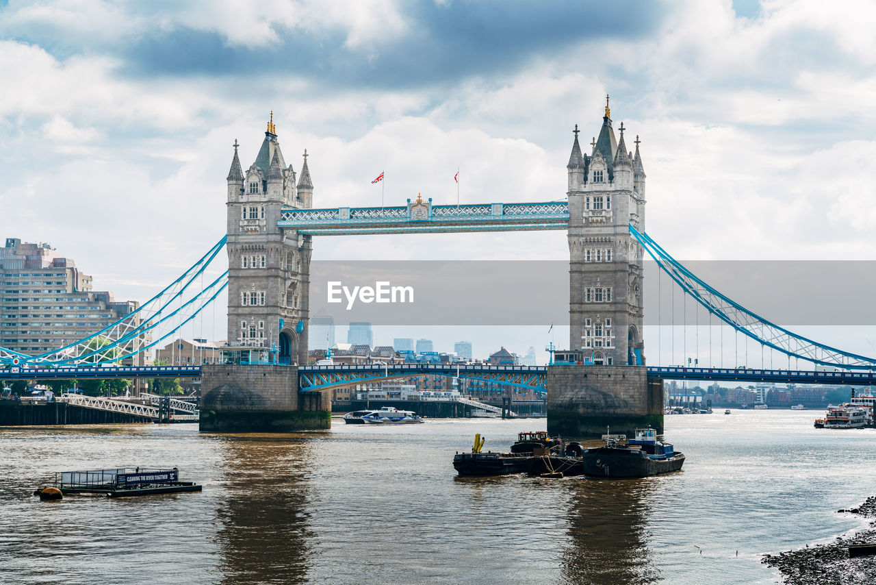 View of suspension bridge against cloudy sky