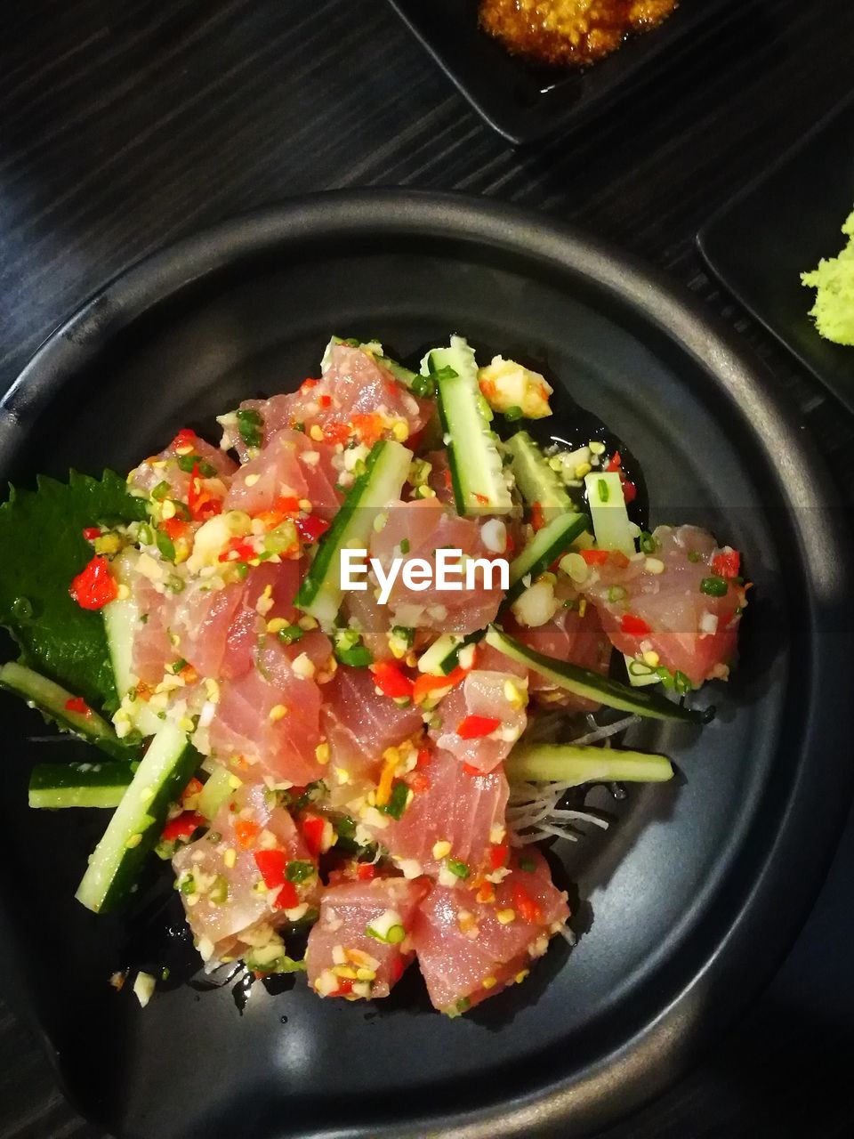 High angle view of food served in plate