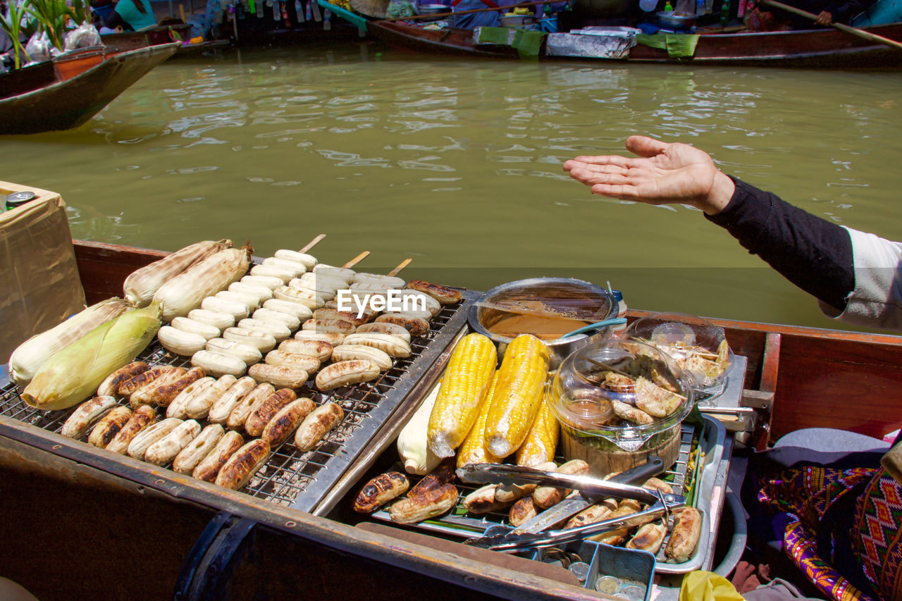 High angle view of food for sale in floating market