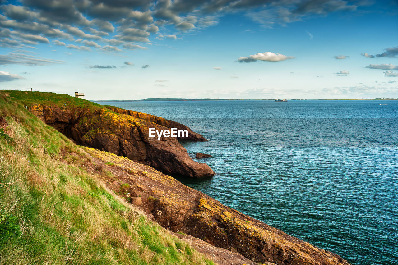 Scenic view coastline by sea against sky