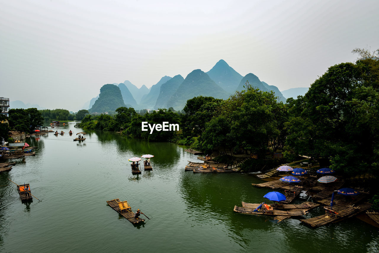 Yangshuo landscape with river and rafts 