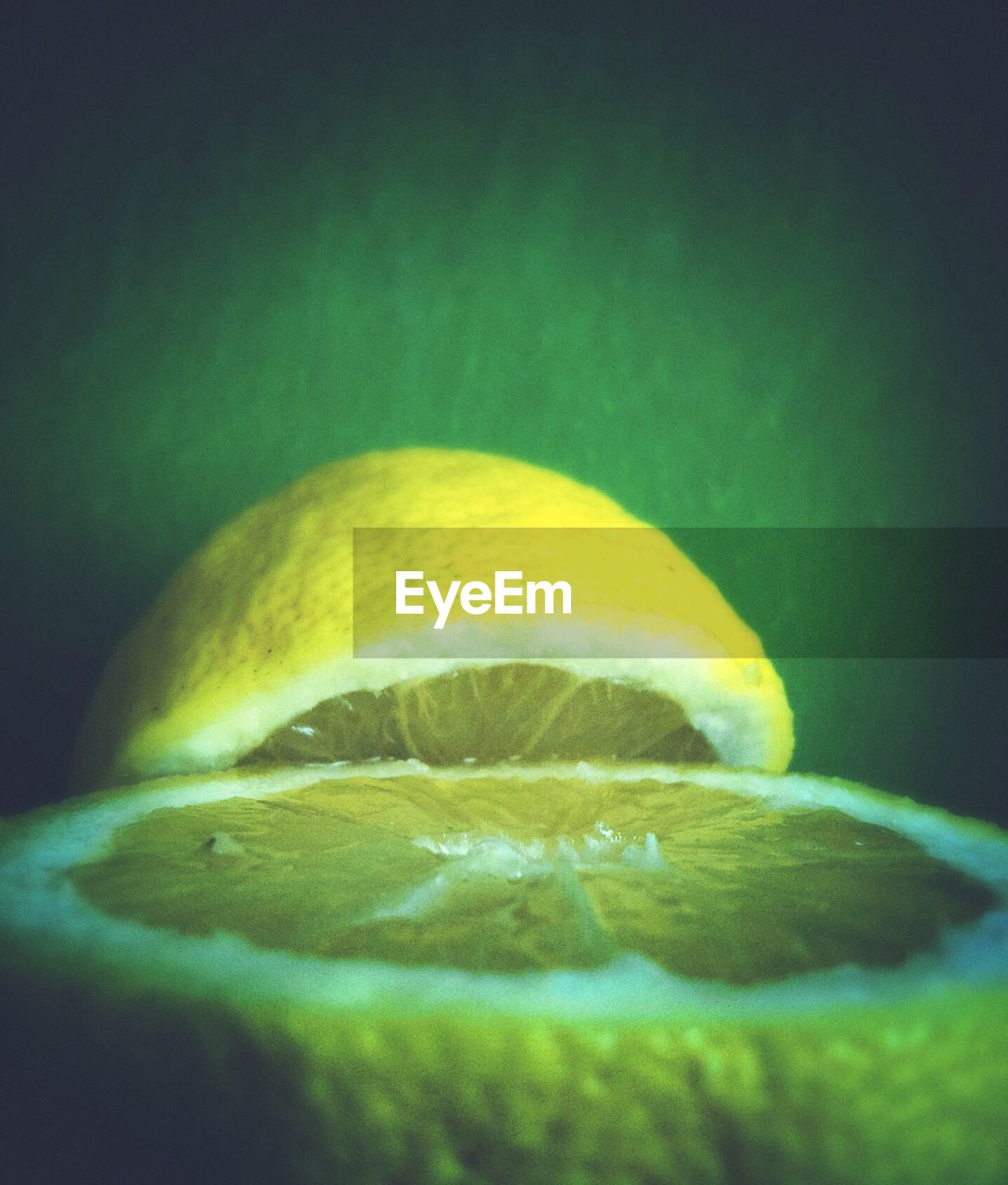Close-up view of lemon cut in half
