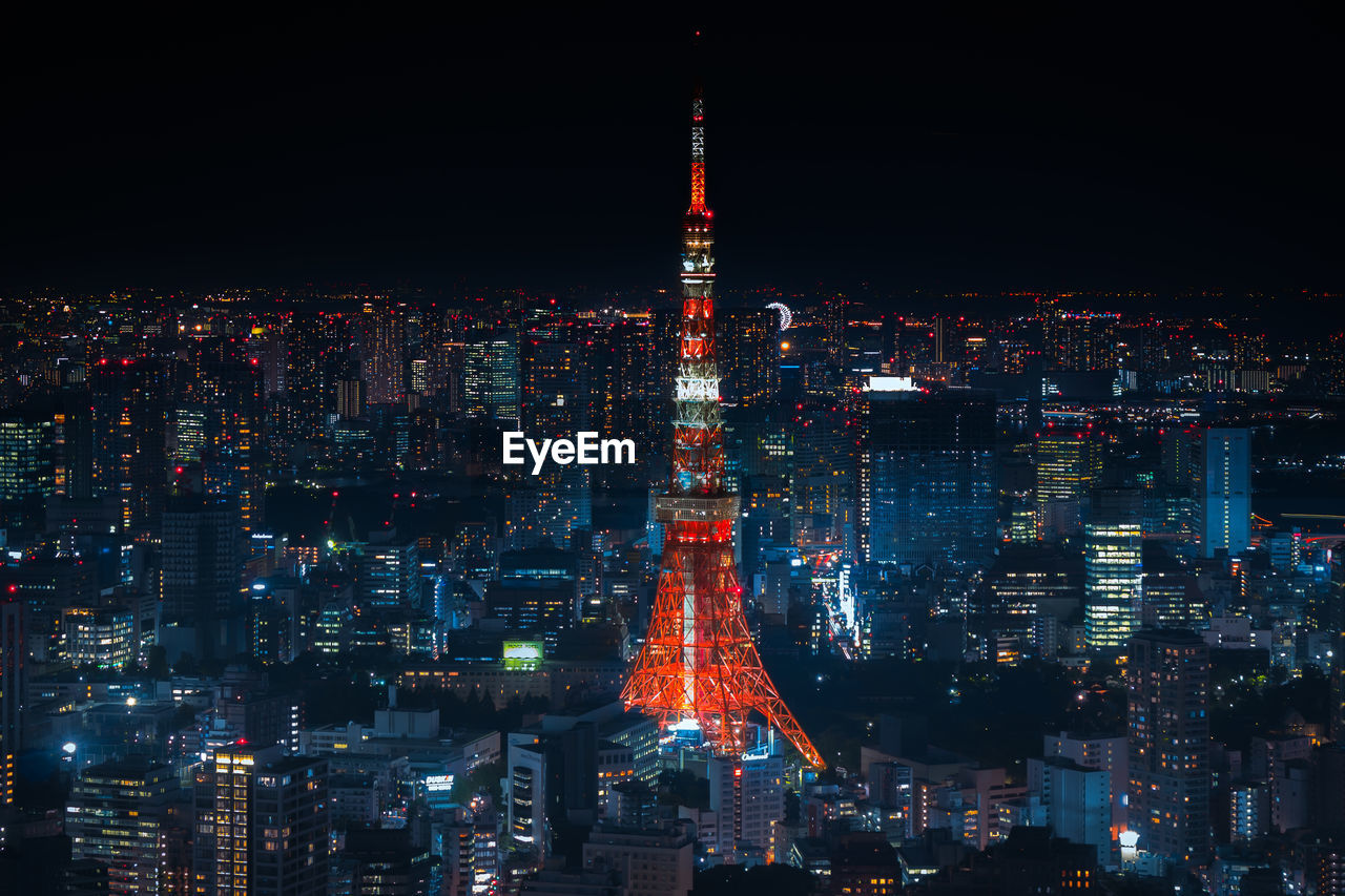 Aerial view of illuminated tokyo tower at night