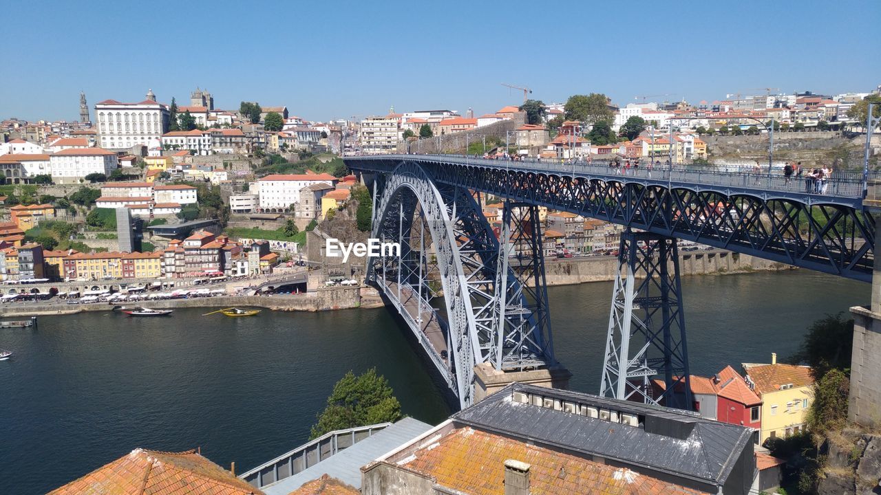 Bridge over river by buildings against clear sky