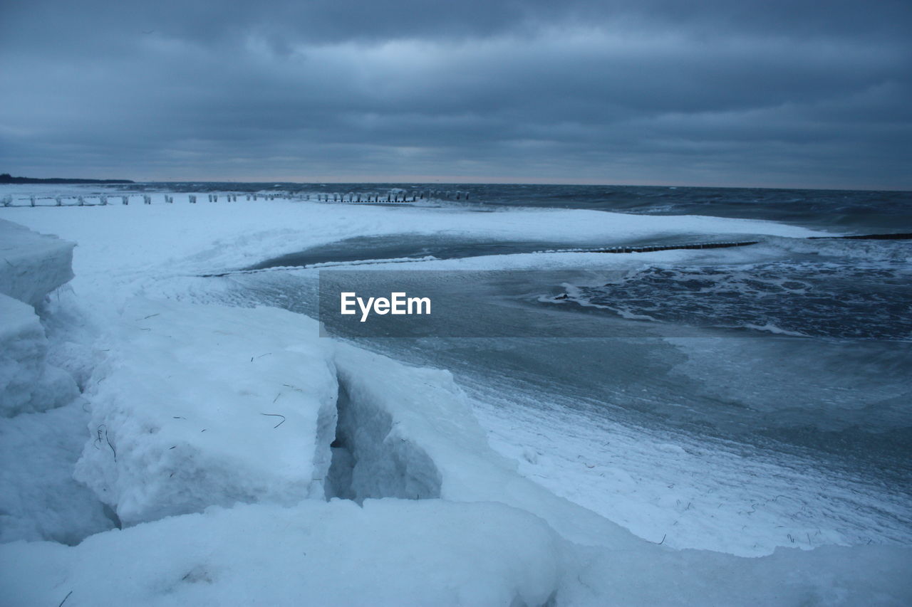 Scenic view of snow covered beach against cloudy sky