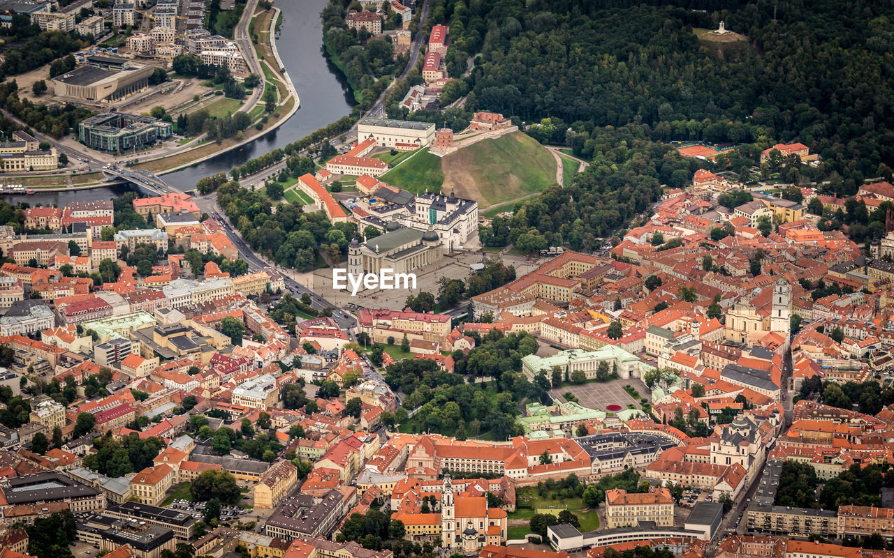 High angle view of buildings in town