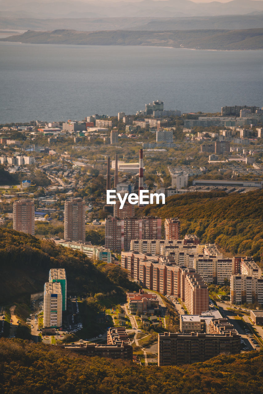 High angle view of buildings in city