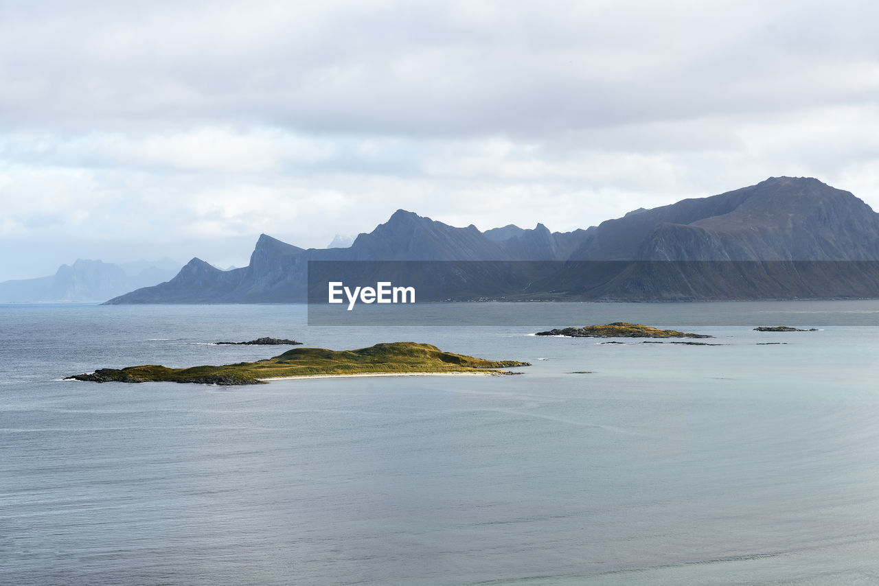 Scenic view of islands and mountains in the sea in moskenesoya lofoten norway 