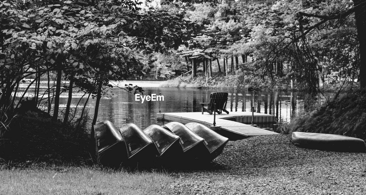 Canoes lined up on shore by calm fresh water lake