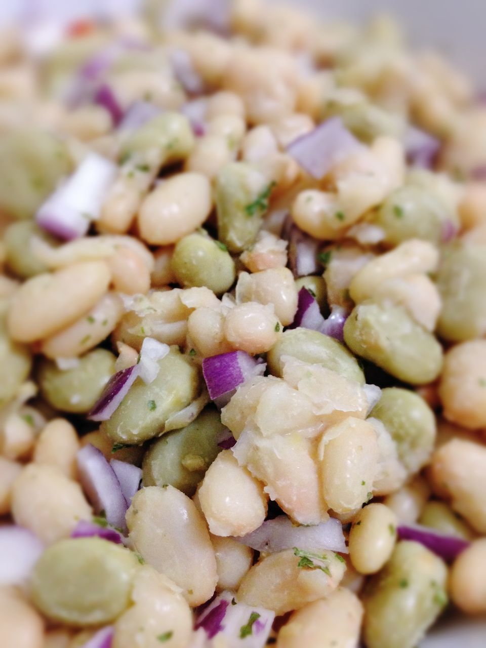 High angle view of beans and chopped onions served in bowl