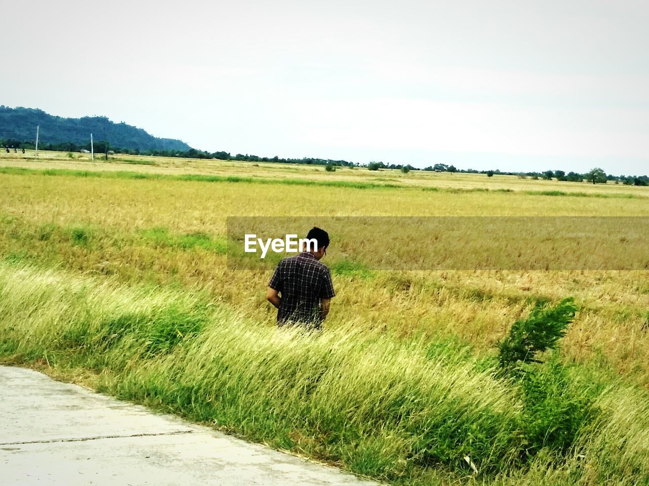 Man standing on agricultural field against sky