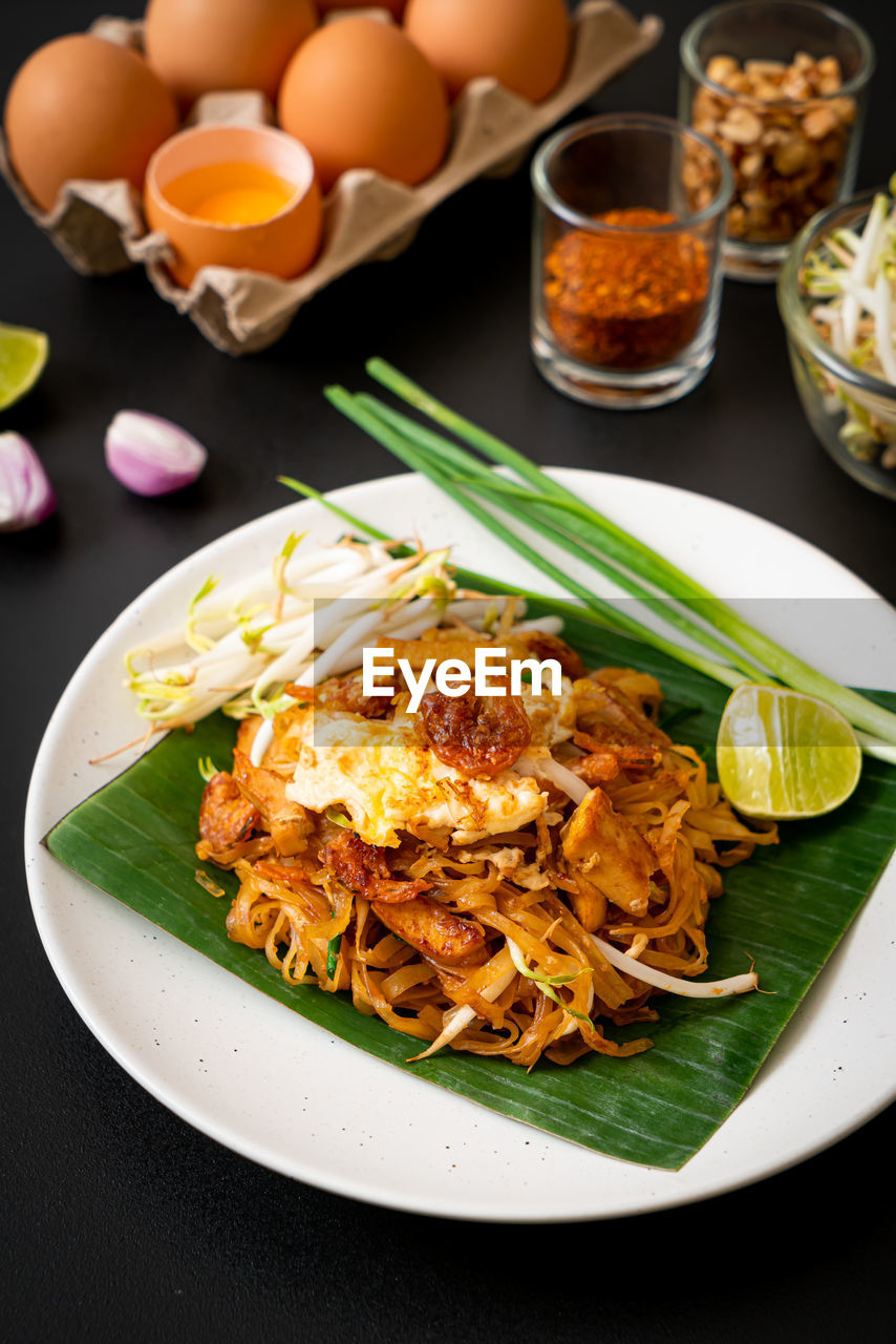 high angle view of food served in plate on table