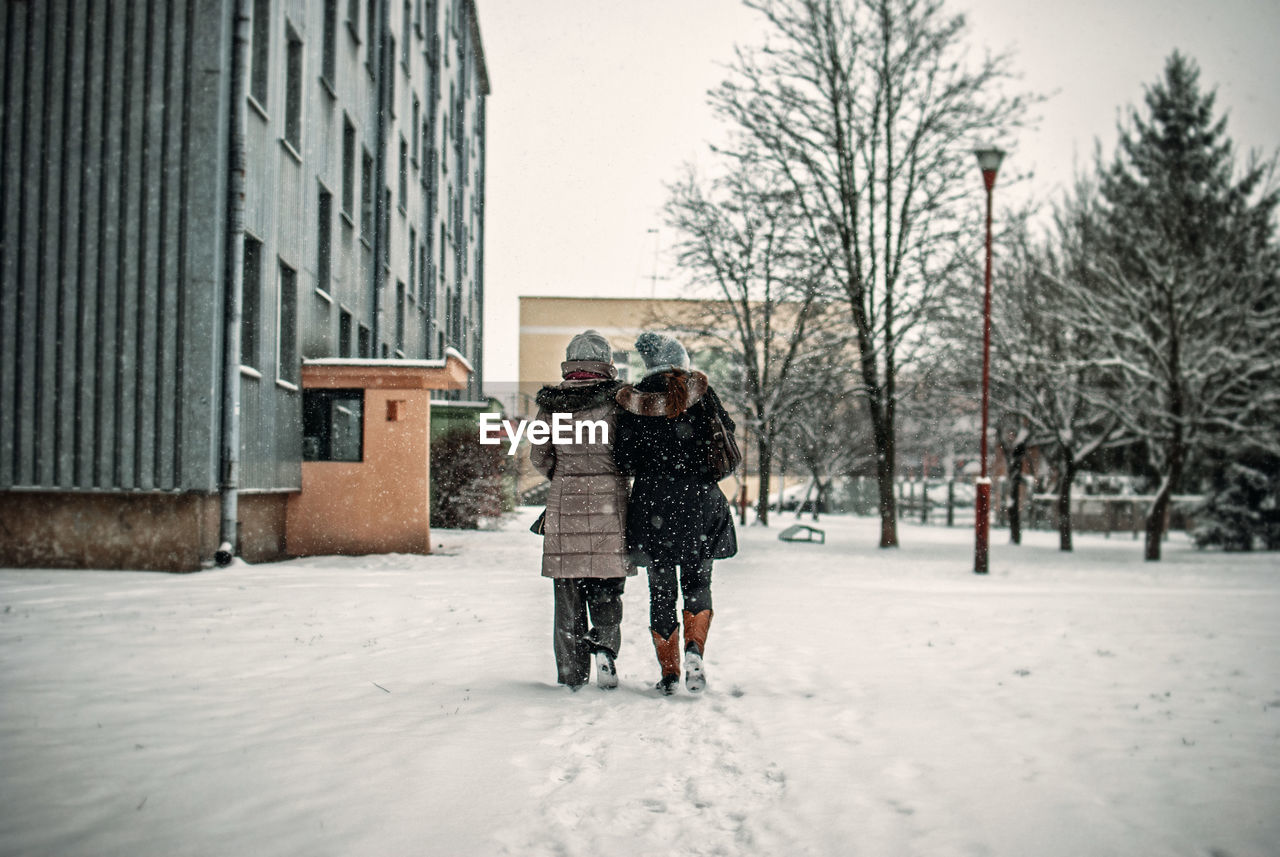 Rear view of friends walking in snow covered park by building at city