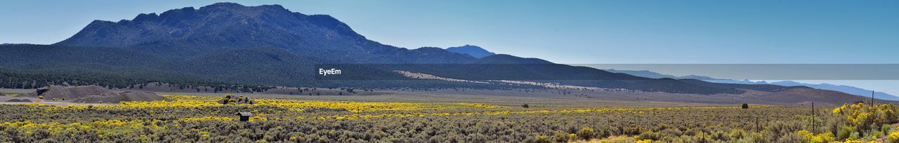 Scenic view of field and mountains against sky