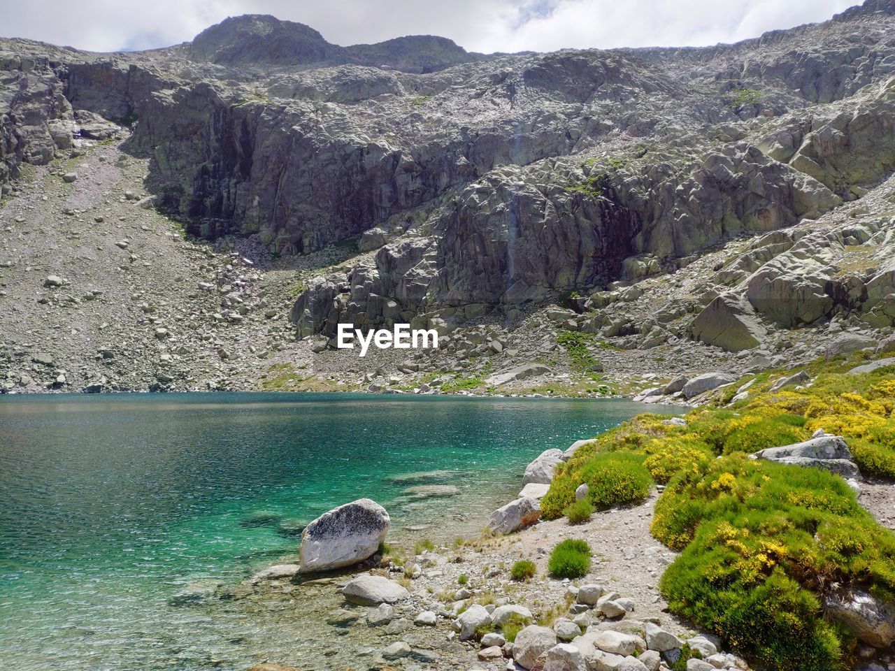 SCENIC VIEW OF ROCKS IN SEA AGAINST MOUNTAINS