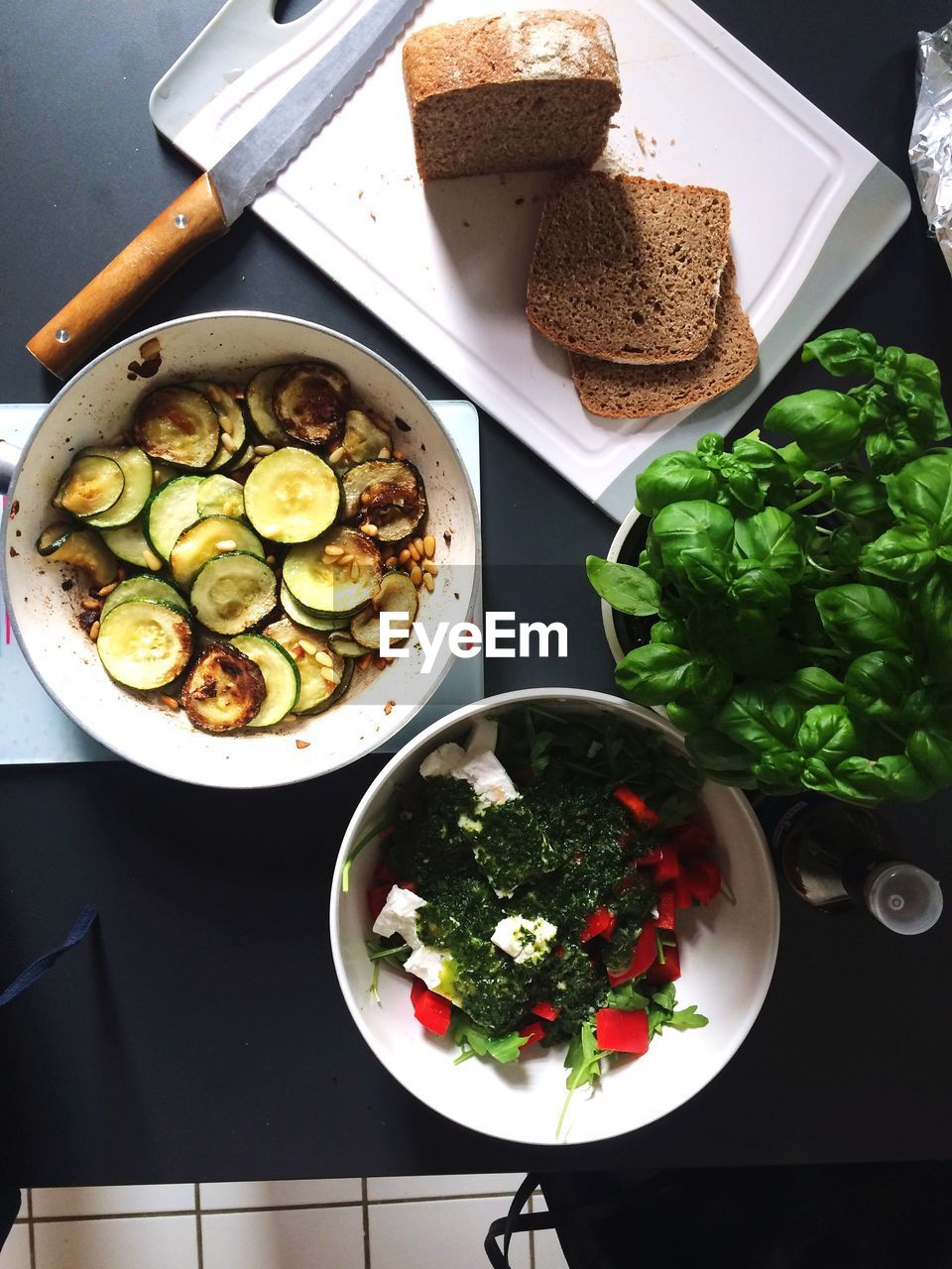 Directly above shot of various food on table