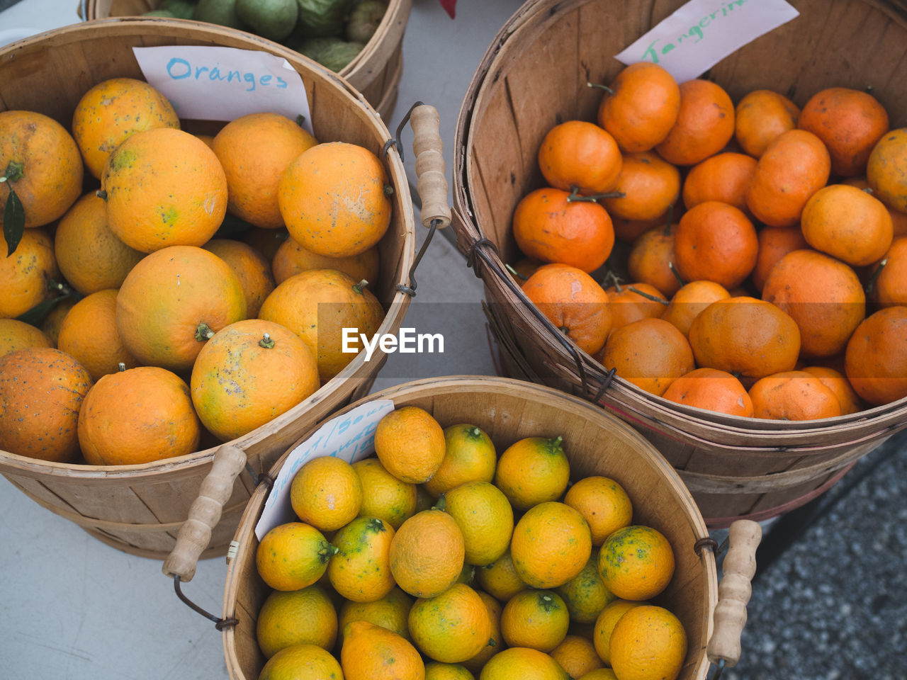 High angle view of fruits in basket for sale at market