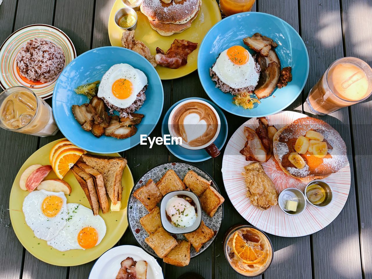 High angle view of breakfast food on table