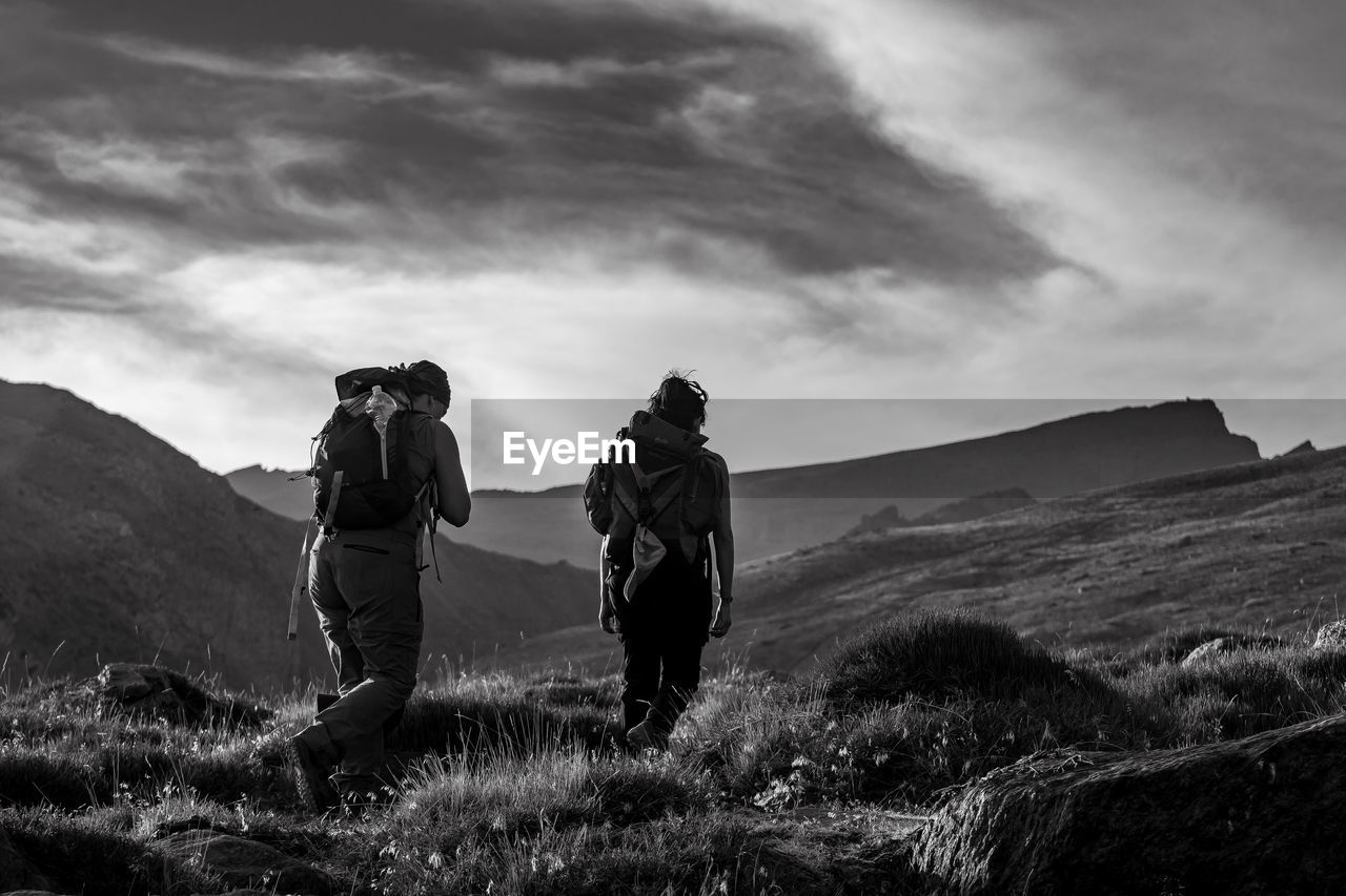 Rear view of men on mountain against sky