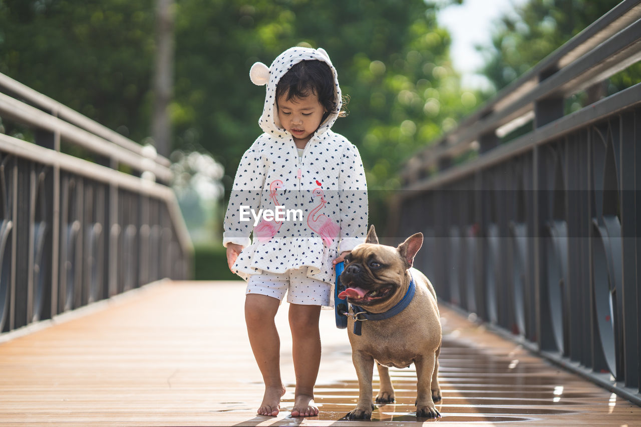 Cute girl with dog walking on footbridge