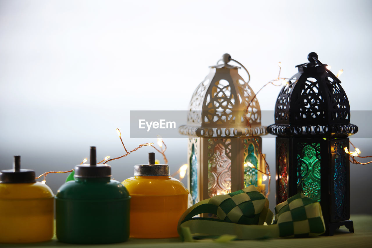 Arabic lantern and colorful oil lamp for ramadan decoration