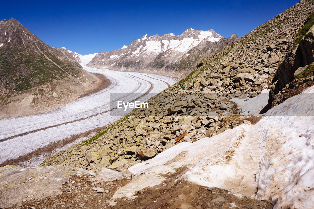 Scenic view of mountains against clear blue sky