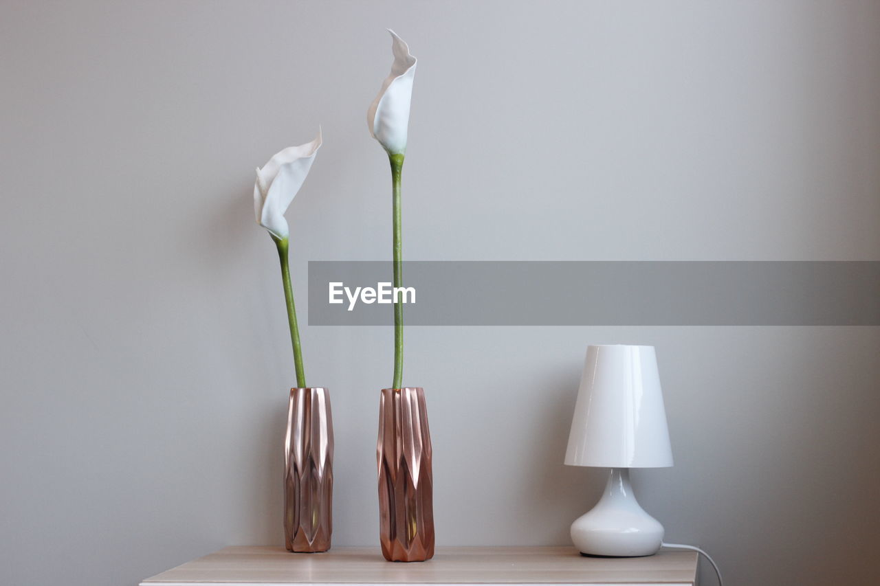 Close-up of white anthurium flowers in vase on table