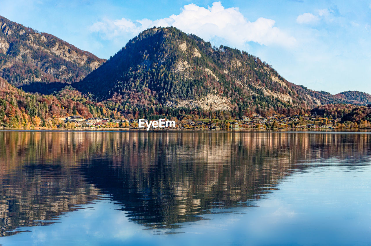 Scenic view of lake by mountains against sky