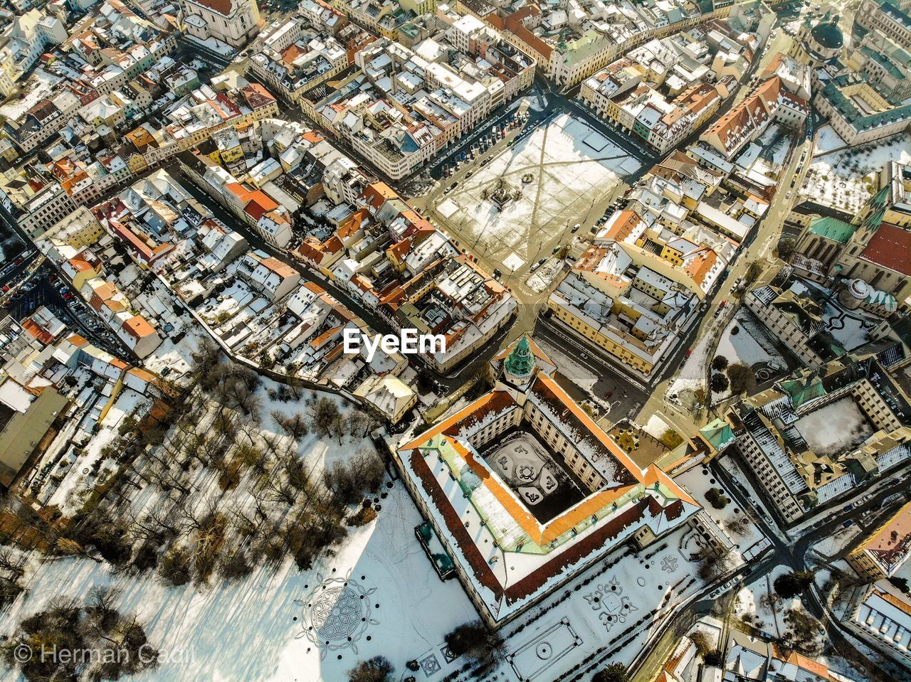 High angle view of residential district during winter
