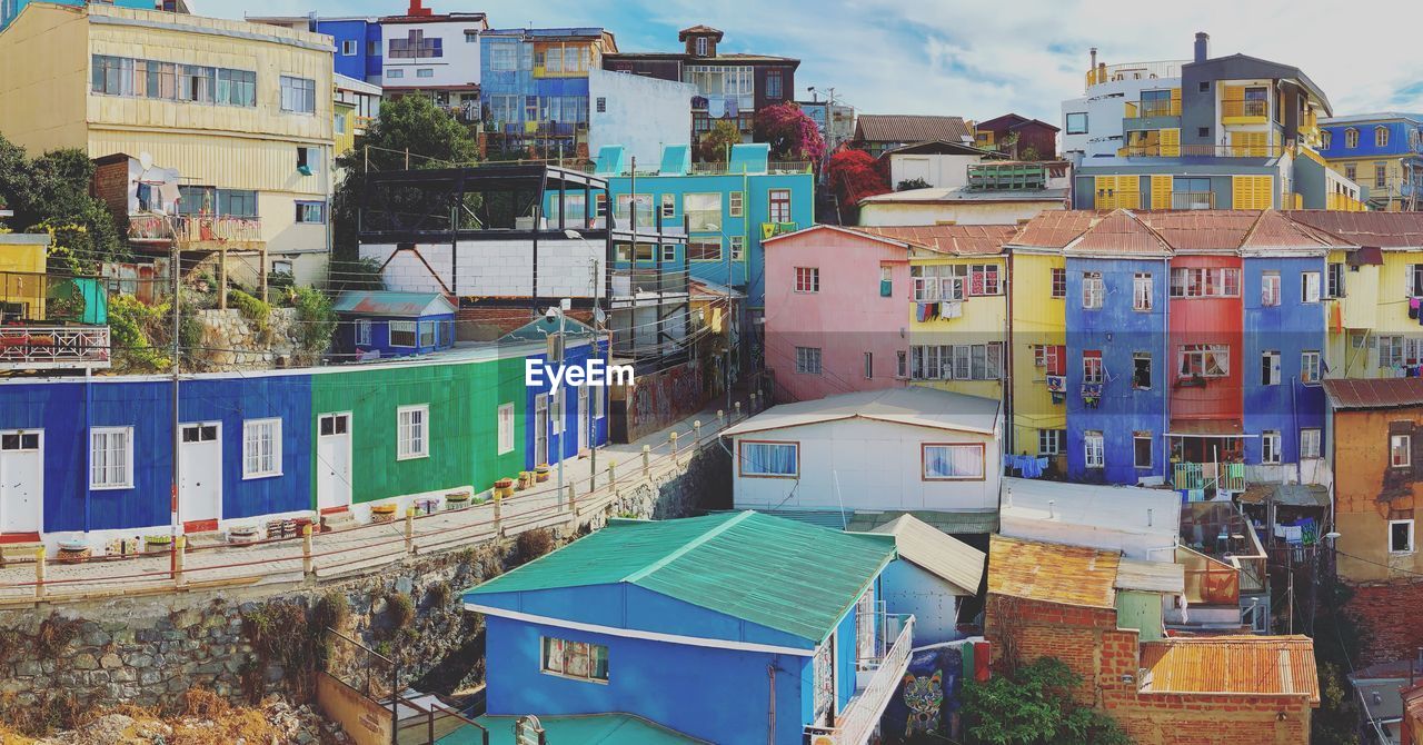 High angle view of colourful buildings in cerro bella vista valparaiso city