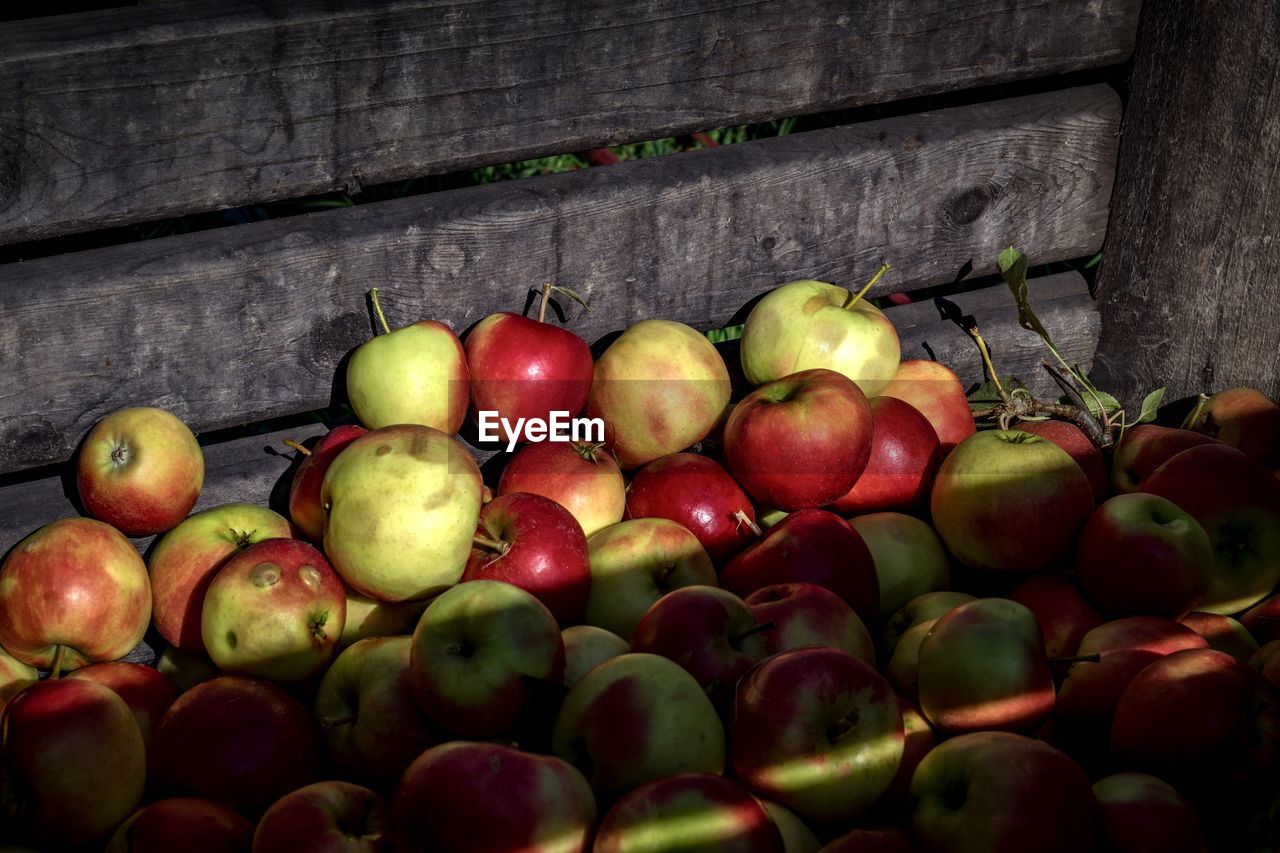 High angle view of apples in crate