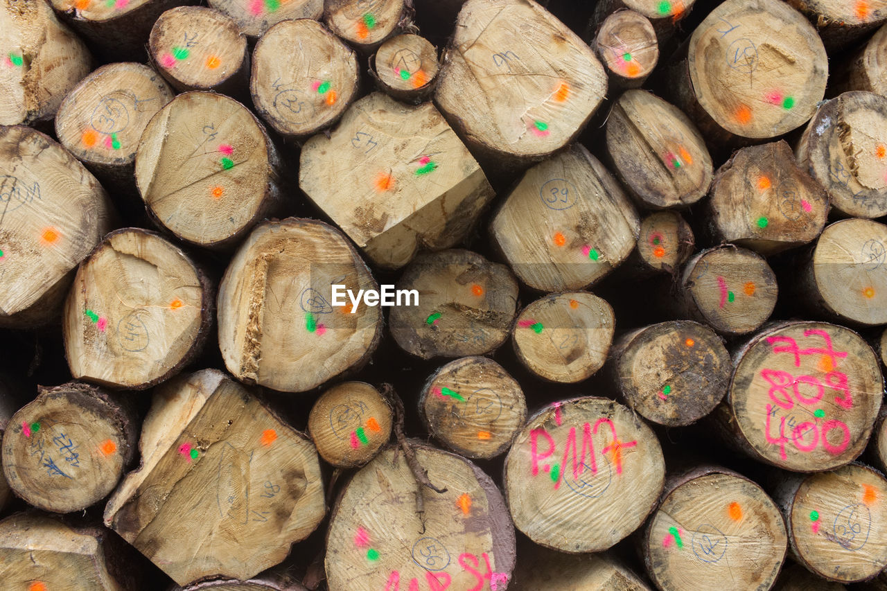 Full frame shot of logs with multi colored alphabets and numbers