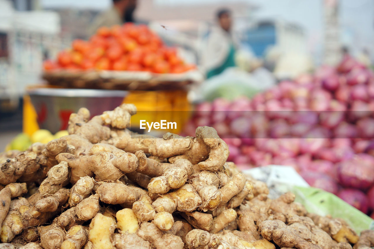 Close-up of gingers for sale at market stall