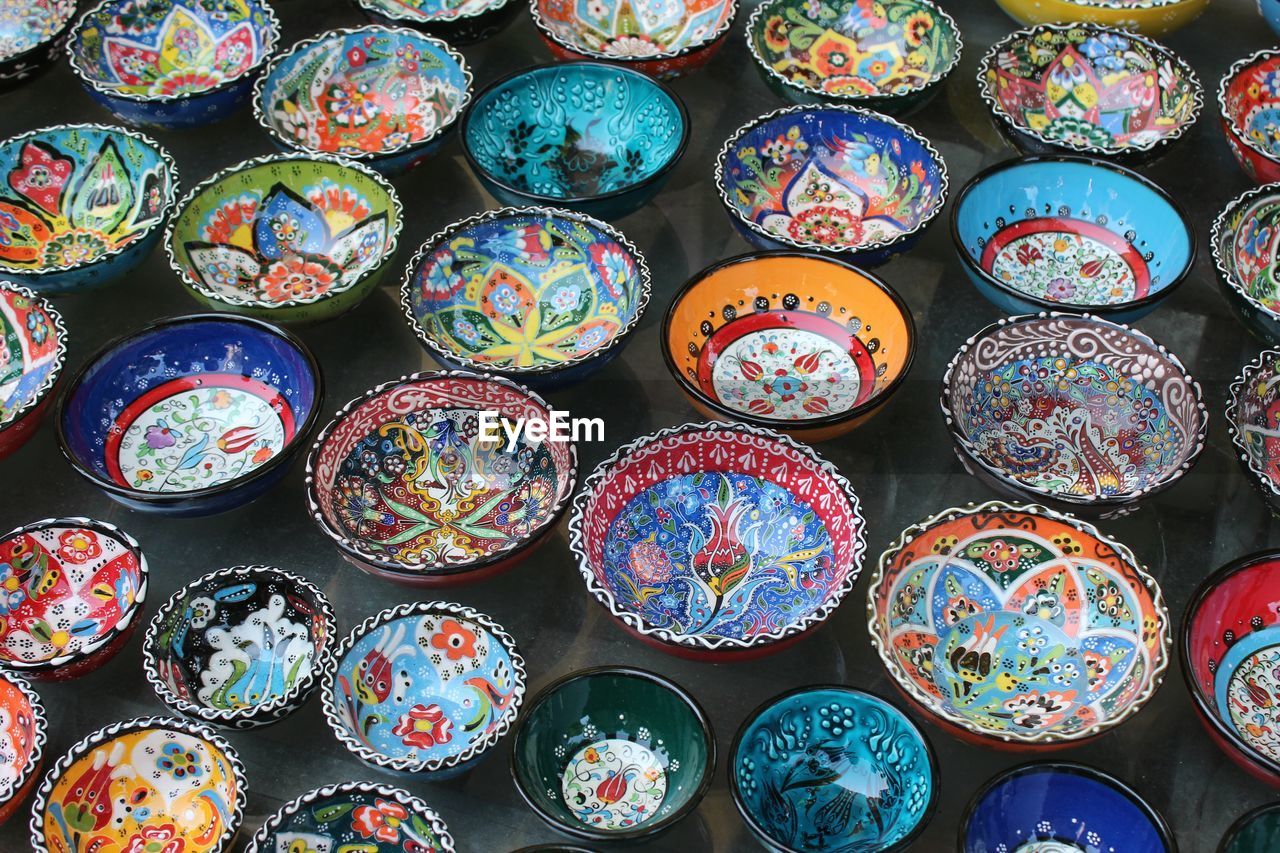 Full frame shot of multi colored bowls for sale in market