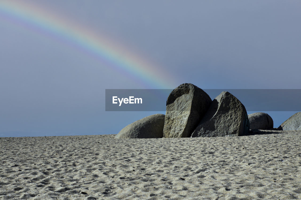 SCENIC VIEW OF SEA AGAINST RAINBOW IN SKY