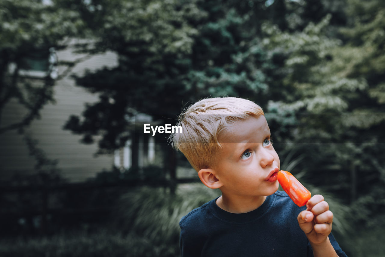 Close-up of boy eating flavored ice cream