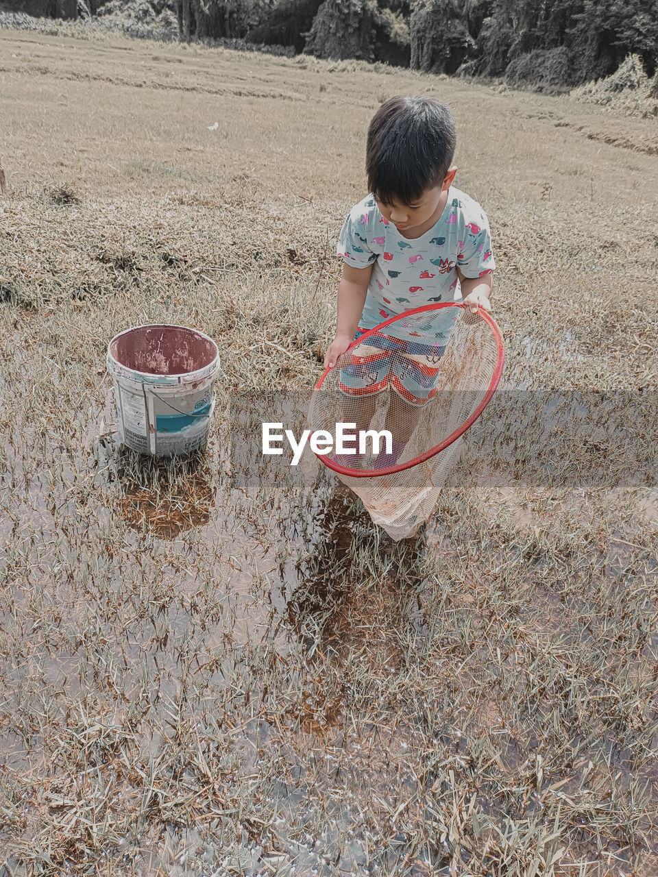 High angle view of boy standing in basket