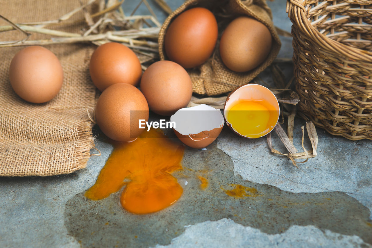 HIGH ANGLE VIEW OF EGGS IN BASKET