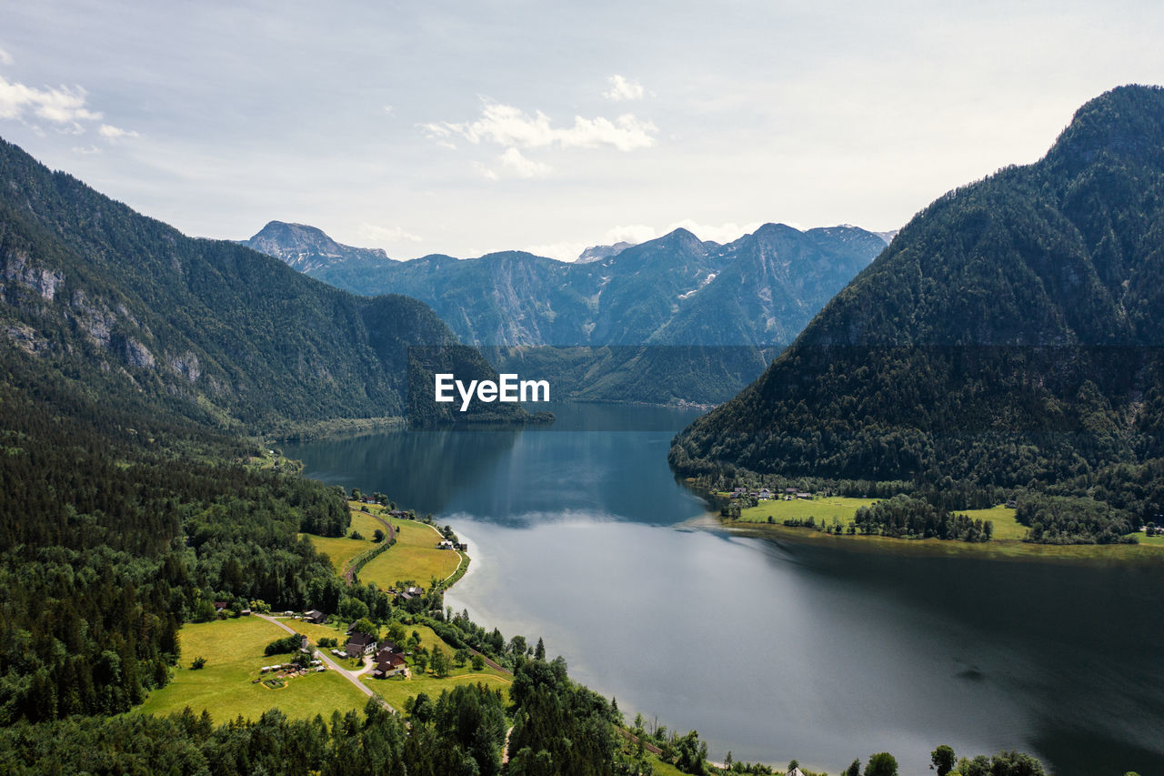 Scenic view of lake  hallstatt with austrian mountains