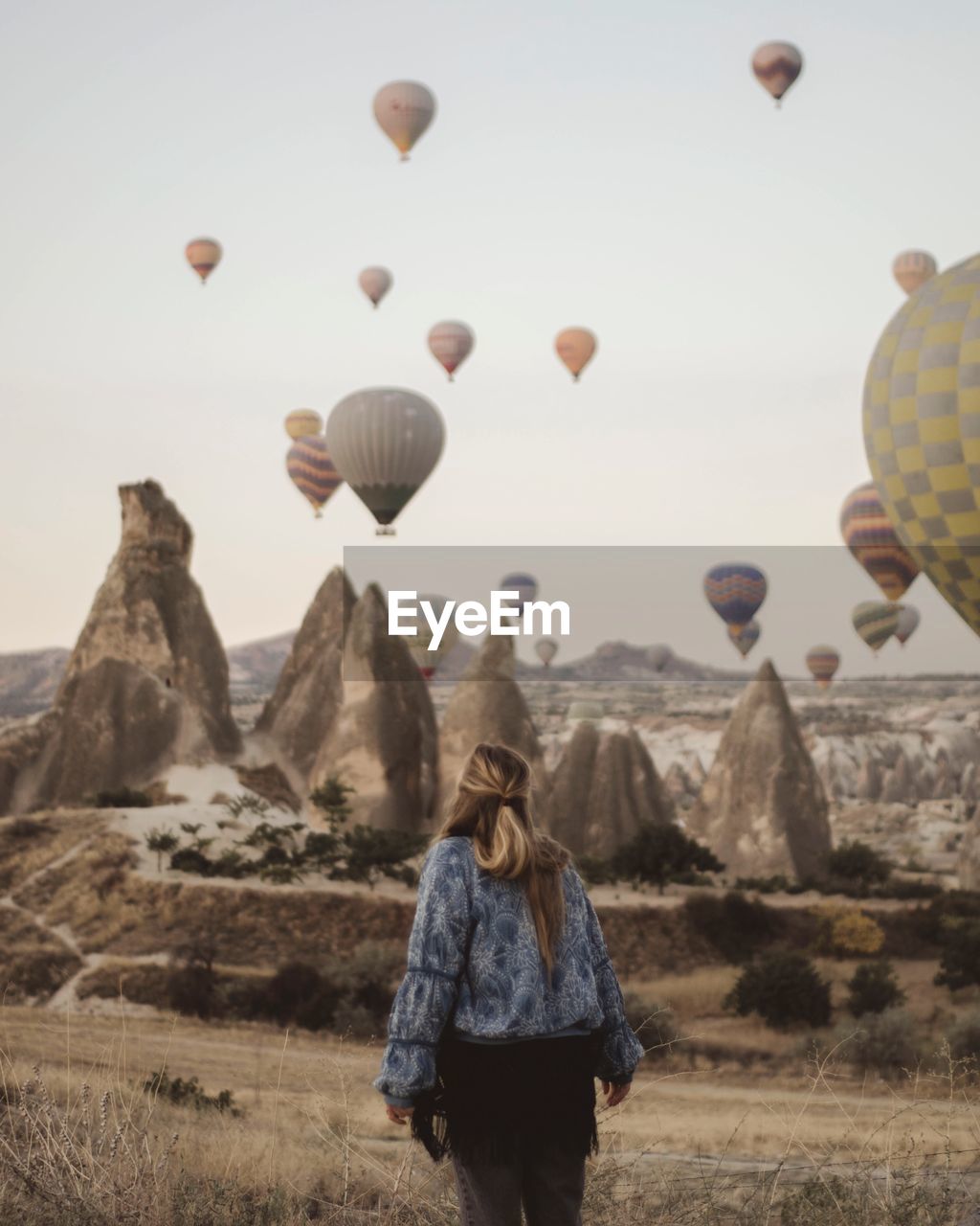 Rear view of woman with hot air balloons