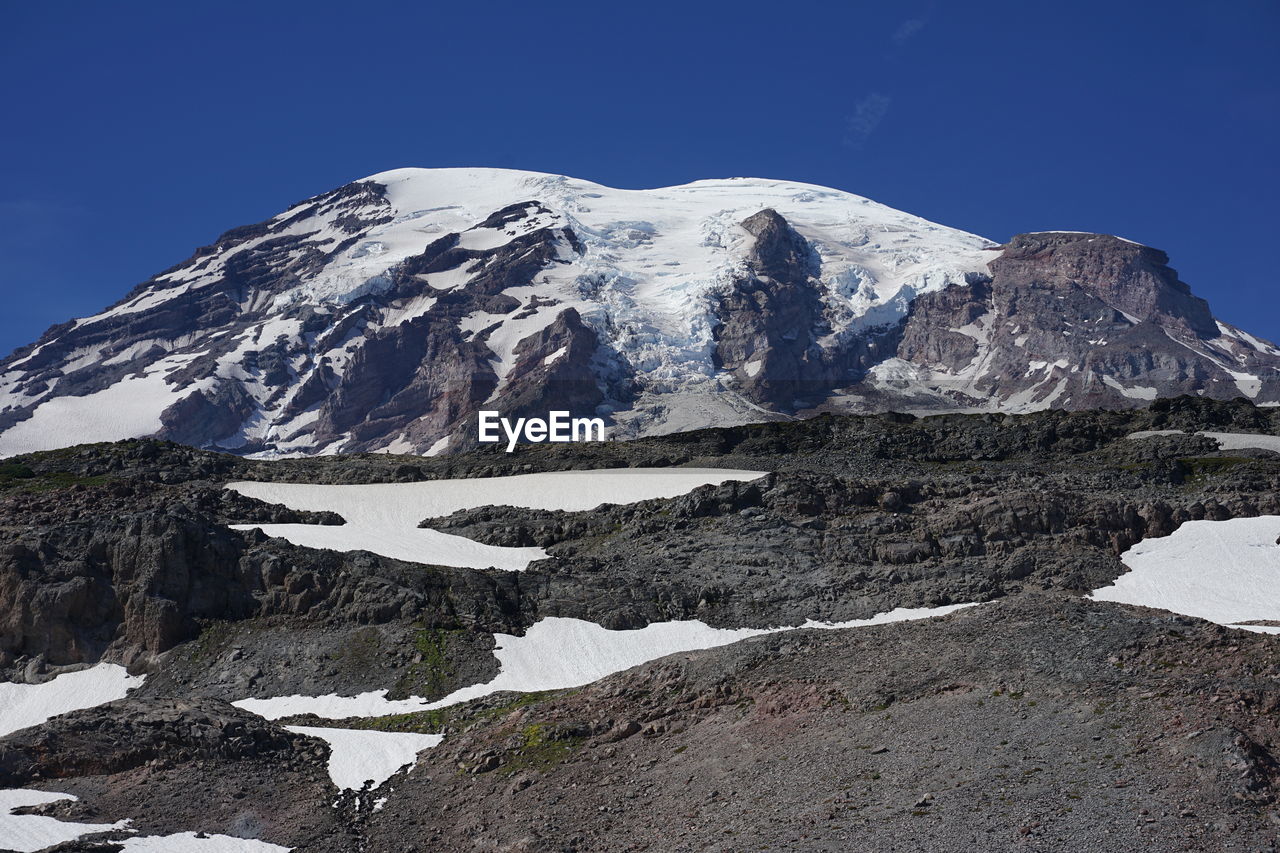 scenic view of snowcapped mountains against blue sky