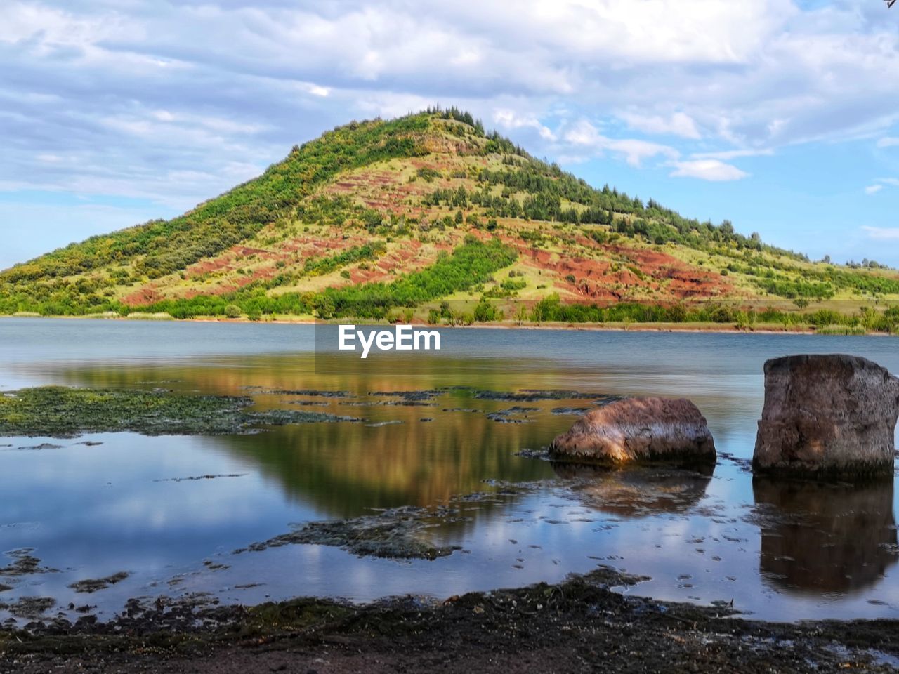 Scenic view of lake by mountains against sky