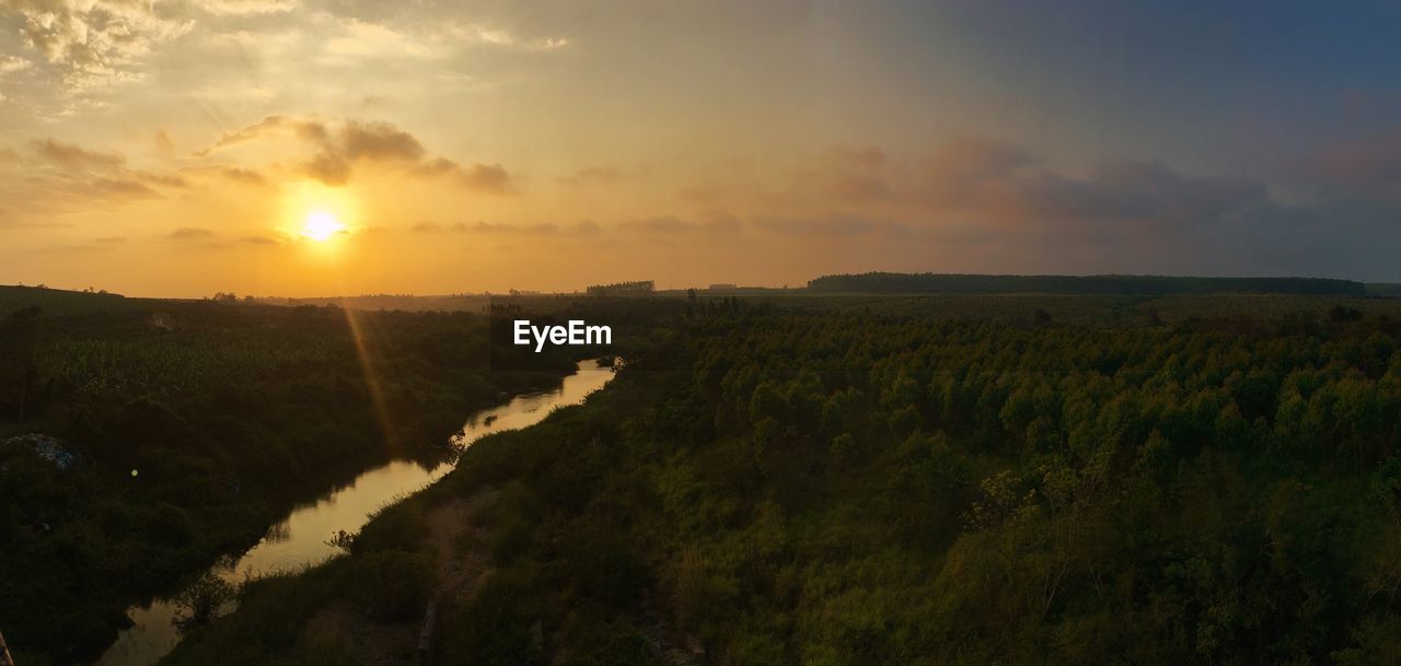 SCENIC VIEW OF AGRICULTURAL FIELD AGAINST SKY DURING SUNSET