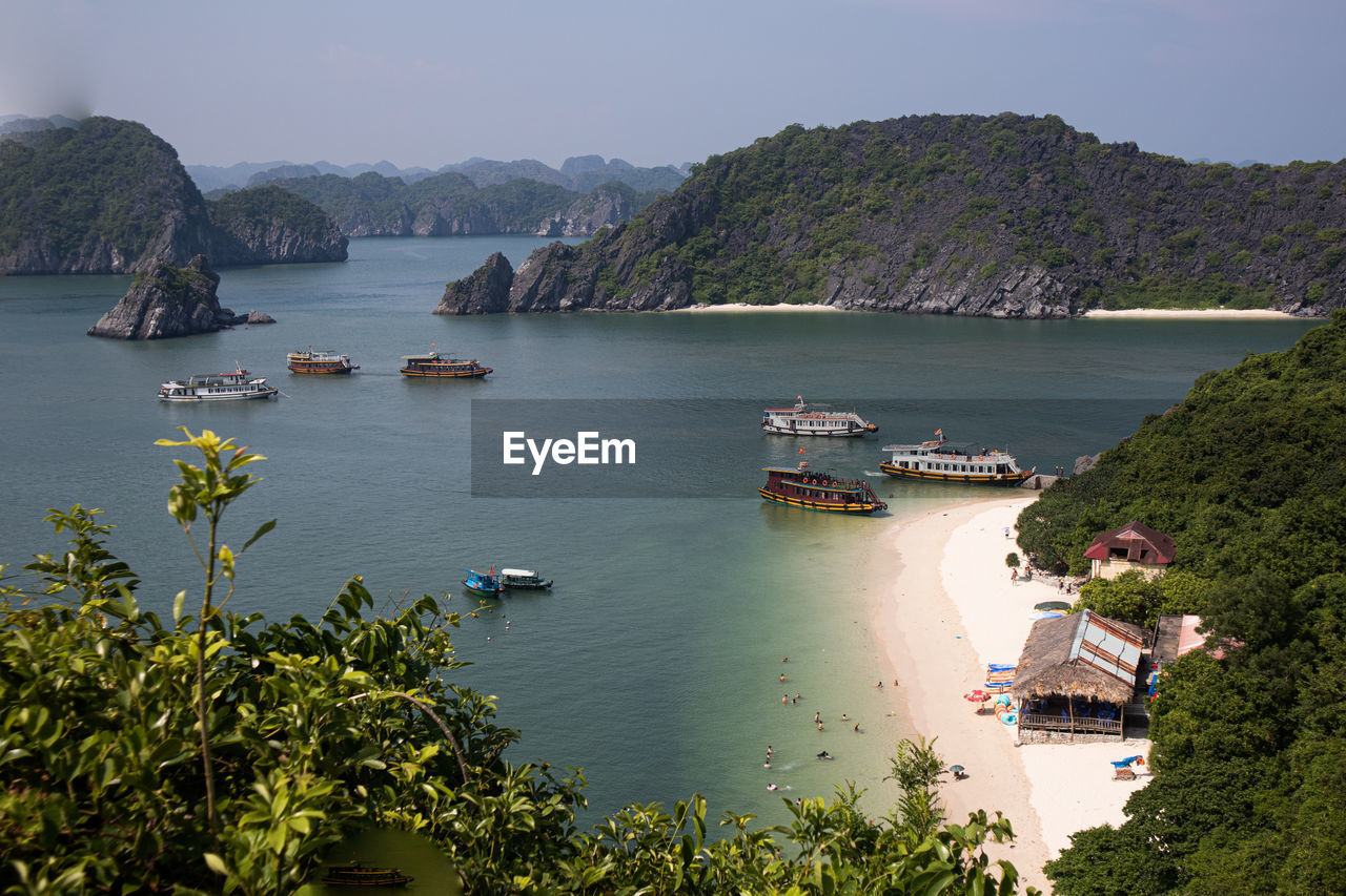 High angle view of boats in sea